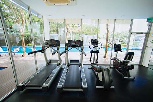 working out black treadmills and elliptical trainers in glass room gym